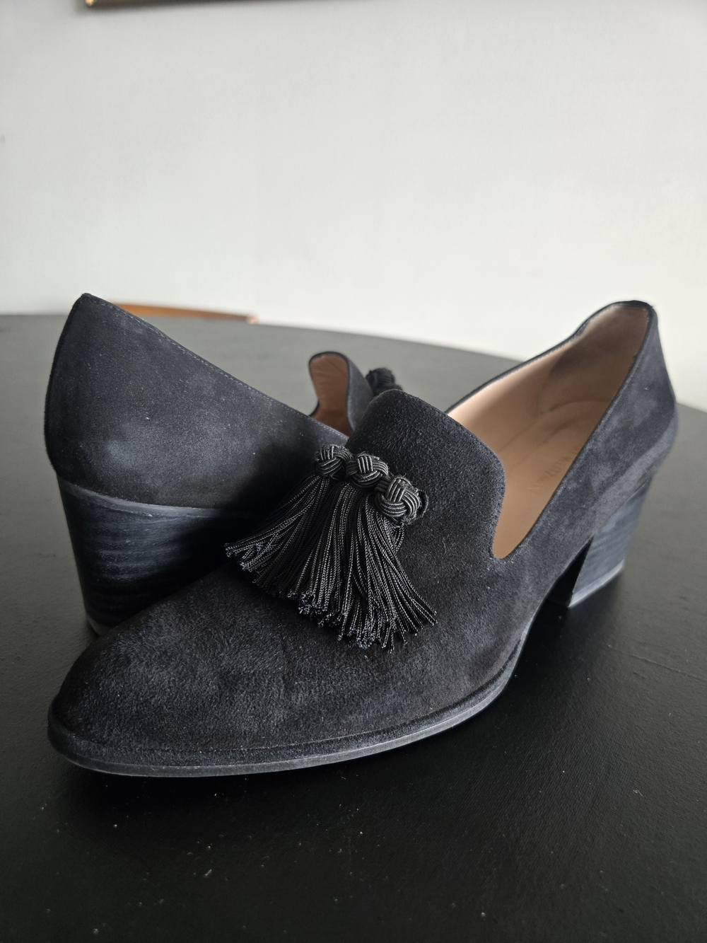 Stuart Weitzman Black Suede Tassel Loafer Heels / Pumps - Size 7